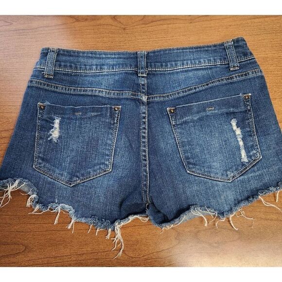 Delia's Womens Taylor Jeans Shorts 7 Blue Low Rise Raw Hem Cuffed Distress. Meas - Picture 7 of 7